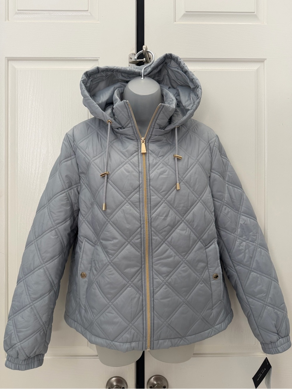 Kate Spade Double Stitched Diamond Quilted Hooded Puffer Platinum Gray Jacket L